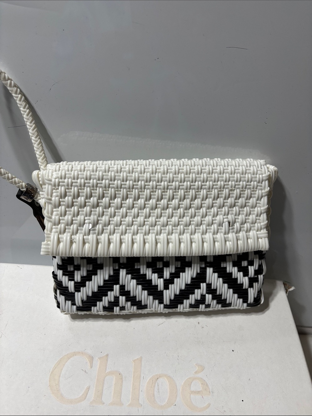 Woven Fold-Over Clutch in White & Black. Like new!